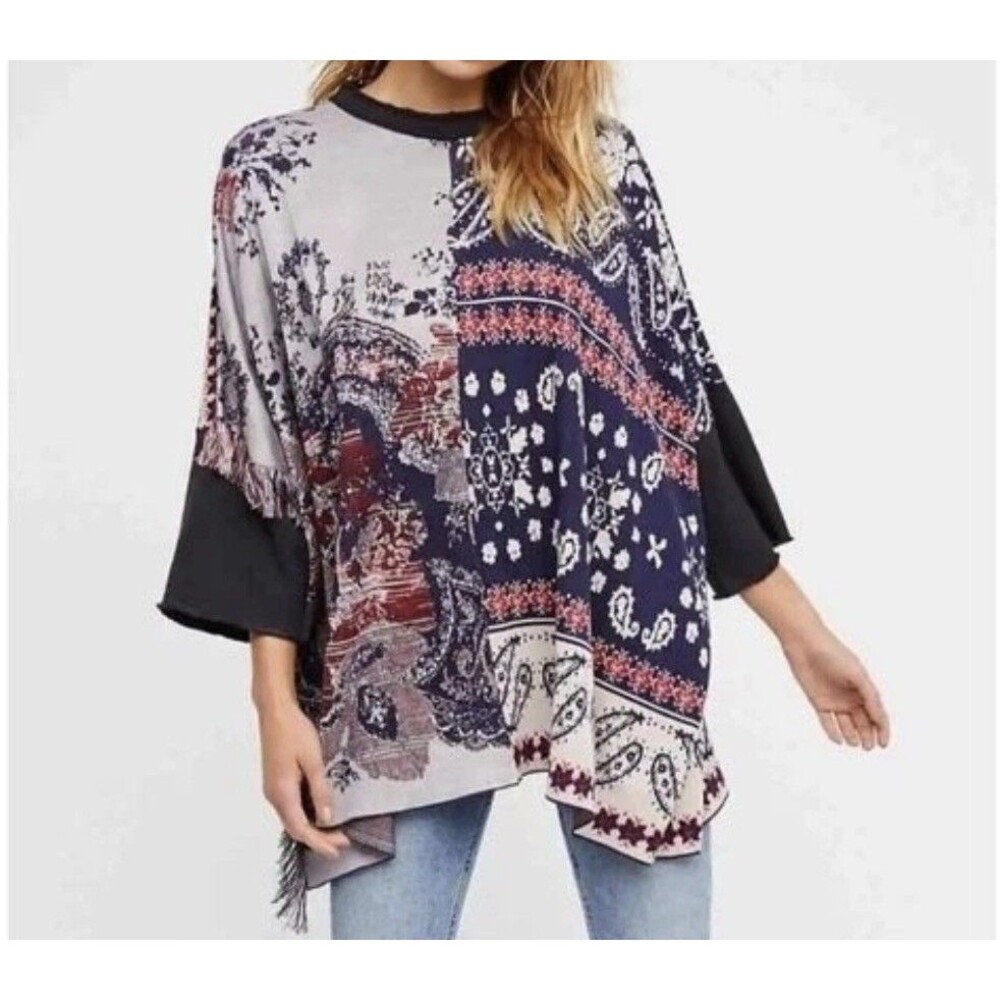 Free People Tunic Top Sweater Knit Paisley Fringe Southwestern Boho M/L Relaxed